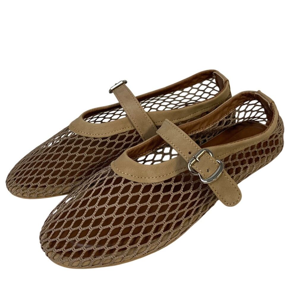 Women’s Brown Mesh Mary Jane Flats with Buckle Strap